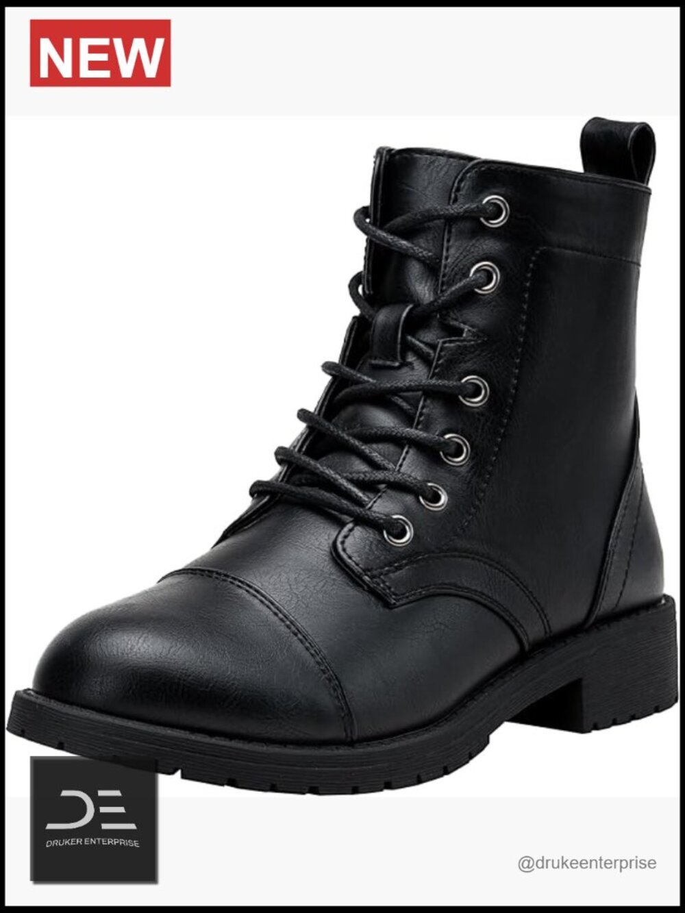 Ankle Boots Lace Up Flat Fashion Combat Booties Low Heel Faux Leather